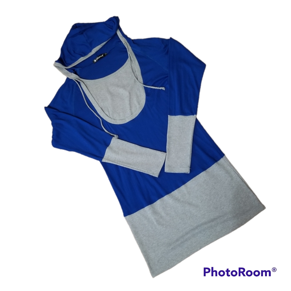 Allegra K Blue Gray Long Jersey Pullover Hoodie Top. Women's Large